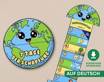 7 Dagen van de Schepping: Opvouwbaar Verrassingsknutselwerk (in het Duits), Bijbelactiviteit voor christelijke kinderen, Printbare activiteit voor zondagsschool, thuisonderwijs