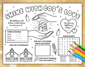 Folha de atividades cristãs para imprimir para crianças | Pacote de desenhos para colorir e jogos com temática religiosa | Diversão para a Escola Dominical, Jogo infantil na igreja, Amor a Deus, Formato Carta (PDF)
