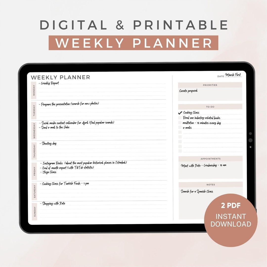 Undated Week Digital Weekly Planner Undated Week at a Glance iPad Goodnotes ...