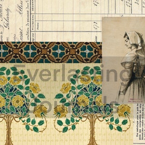 May include: A vintage collage featuring a floral pattern with yellow roses and green leaves, a patterned border, and a black and white image of a woman wearing a white head covering and a long dress. The text "Everlasting" is visible in the image.
