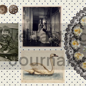 May include: A collage of vintage images including a young girl with a chicken, a woman in a long dress standing in a hallway, a swan swimming in a lake, and a black lace doily with floral embroidery.
