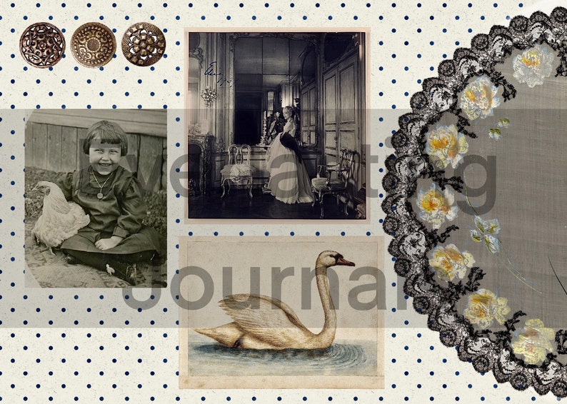 May include: A collage of vintage images including a young girl with a chicken, a woman in a long dress standing in a hallway, a swan swimming in a lake, and a black lace doily with floral embroidery.