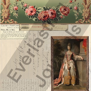Könnte beinhalten: Eine Vintage-Werbung für Crown-Parfüm, hergestellt in London und Paris. Die Anzeige zeigt ein florales Design mit rosa Rosen und grünen Blättern. Der Text lautet "Crown Perfume, London und Paris, Preis 50c. eine Schachtel. Hergestellt in Weiß und in Hautfarbe."