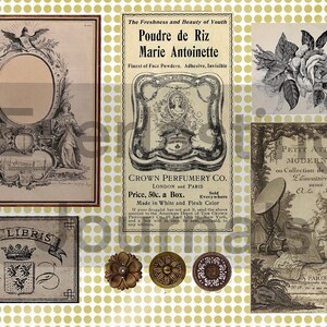 May include: A vintage collage of images featuring a decorative frame, a perfume advertisement for "Poudre de Riz Marie Antoinette", a floral illustration, and a vintage map. The text on the perfume advertisement reads "Finest of Face Powders. Adhesive, Invisible. Crown Perfumery Co. London and Paris. Price, 50c. a Box. Sold Everywhere. Made in White and Flesh Color."