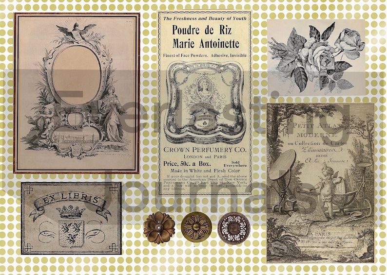 May include: A vintage collage of images featuring a decorative frame, a perfume advertisement for "Poudre de Riz Marie Antoinette", a floral illustration, and a vintage map. The text on the perfume advertisement reads "Finest of Face Powders. Adhesive, Invisible. Crown Perfumery Co. London and Paris. Price, 50c. a Box. Sold Everywhere. Made in White and Flesh Color."