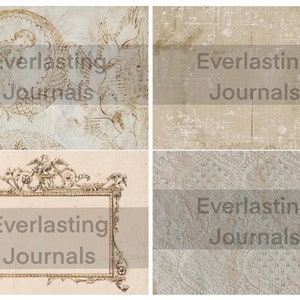 K&ouml;nnte beinhalten: Vier digitale Papiertexturen mit dem Text "Everlasting Journals" in brauner Schrift auf jeder. Das obere linke Bild zeigt ein kreisf&ouml;rmiges Design mit einer gefl&uuml;gelten Figur. Das obere rechte Bild ist ein strukturierter Hintergrund. Das untere linke Bild zeigt einen dekorativen Rahmen mit einer gefl&uuml;gelten Figur. Das untere rechte Bild zeigt einen strukturierten Hintergrund mit einem Punktmuster.