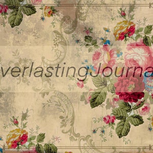 May include: A vintage floral design with a faded background and the text "Everlasting Journals" in the center. The design features pink, red, yellow, and blue flowers with green leaves.