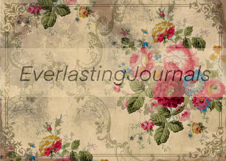 May include: A vintage floral design with a faded background and the text "Everlasting Journals" in the center. The design features pink, red, yellow, and blue flowers with green leaves.