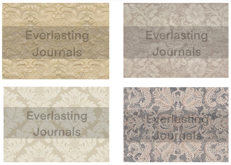 K&ouml;nnte beinhalten: Vier verschiedene gemusterte Hintergr&uuml;nde mit dem Text "Everlasting Journals" in der Mitte jedes Hintergrunds. Die Muster sind ein gepr&auml;gtes florales Design in Beige, ein hellgraues florales Design, ein beigefarbenes Damast-Design und ein wei&szlig;es Spitzen-Design auf grauem Hintergrund.