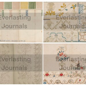 K&ouml;nnte beinhalten: Vier Vintage-Seiten aus einem Journal mit dem Text "Everlasting Journals" auf jeder Seite. Die Seiten zeigen verschiedene Stickmuster, darunter Blumenmuster, geometrische Formen und einen Vogel.