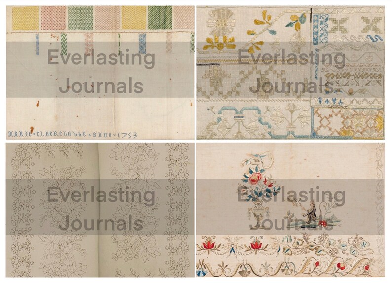 K&ouml;nnte beinhalten: Vier Vintage-Seiten aus einem Journal mit dem Text "Everlasting Journals" auf jeder Seite. Die Seiten zeigen verschiedene Stickmuster, darunter Blumenmuster, geometrische Formen und einen Vogel.
