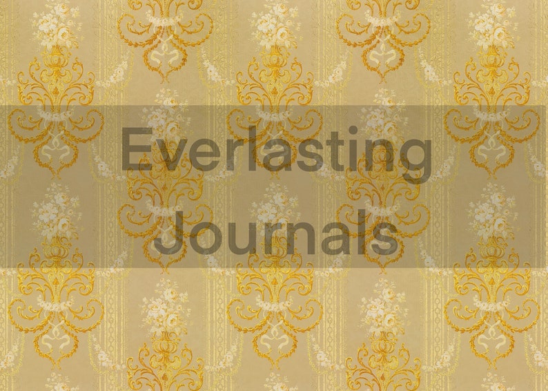 May include: A vintage wallpaper pattern with a repeating design of gold floral motifs on a beige background. The text "Everlasting Journals" is superimposed on the image.