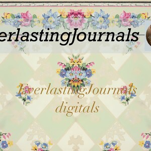 May include: A digital design featuring a floral pattern with a light green and cream diamond grid. The design includes floral bouquets and the text "EverlastingJournals digitals". A portrait of a woman in a hat is in the upper right corner.
