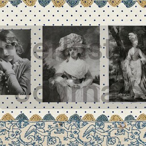 May include: Three black and white photographs of women in vintage clothing. The first woman is wearing a dark dress and has her hand on her chin. The second woman is wearing a white dress and a large hat. The third woman is wearing a white dress and is standing in a garden.