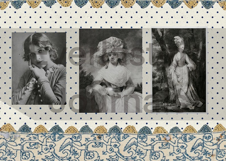May include: Three black and white photographs of women in vintage clothing. The first woman is wearing a dark dress and has her hand on her chin. The second woman is wearing a white dress and a large hat. The third woman is wearing a white dress and is standing in a garden.