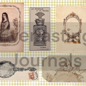 May include: A collage of vintage images featuring a woman in a dress, a perfume bottle with the text "Le Parfum a la Mode Lubin", a decorative mirror, and a drawing of a cherub. The images are on a background of yellow polka dots.