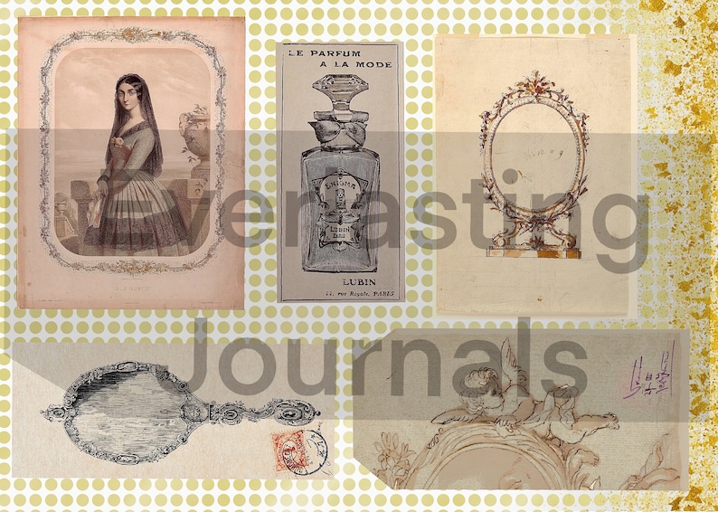 May include: A collage of vintage images featuring a woman in a dress, a perfume bottle with the text "Le Parfum a la Mode Lubin", a decorative mirror, and a drawing of a cherub. The images are on a background of yellow polka dots.