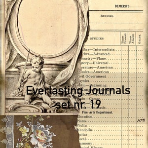 Könnte beinhalten: Eine vintage, cremefarbene Zeugniskarte mit einer Schwarzweißillustration eines Cherubins, der einen Stab hält. Die Zeugniskarte trägt den Titel "Everlasting Journals set nr. 19" und listet Fächer wie Algebra, Geometrie, Geschichte und Musik auf. Die Zeugniskarte hat Spalten für Noten, Anwesenheitszeiten und Abwesenheitszeiten.