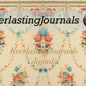 May include: Cream-colored digital paper with a floral pattern in red, blue, and yellow. The text "Everlasting Journals" is displayed in black, with "digitals" in gold. A portrait of a woman in a hat is in the upper right corner.