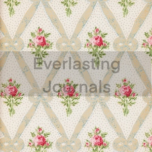May include: A white background with a repeating pattern of pink roses and yellow and blue ribbons. The text "Everlasting Journals" is in the center of the image.