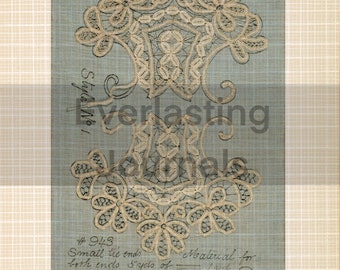 May include: A vintage lace pattern design for tie ends. The design is drawn on a blue paper with the text "#943 Small tie ends both ends 5 yds of = Material for 1967-37-1".