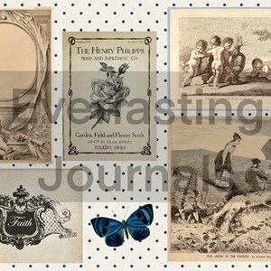 May include: A collage of vintage images featuring a blue butterfly, a crest with the word "Faith", a black and white illustration of a woman and a man with an umbrella, a black and white illustration of children playing, and a vintage seed company advertisement with a rose.