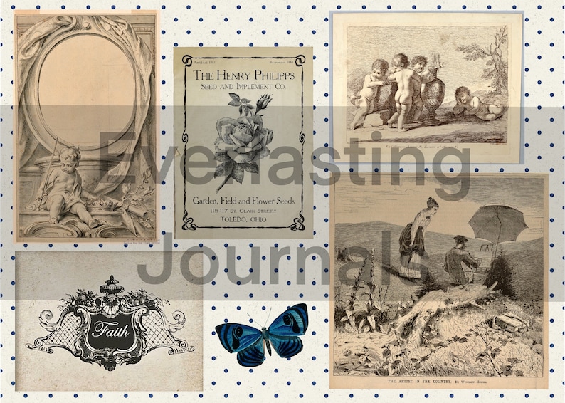 May include: A collage of vintage images featuring a blue butterfly, a crest with the word "Faith", a black and white illustration of a woman and a man with an umbrella, a black and white illustration of children playing, and a vintage seed company advertisement with a rose.