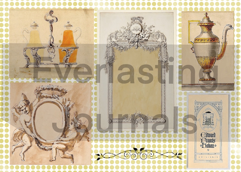 May include: A collage of vintage illustrations featuring ornate frames, a decorative stand with two bottles, a teapot, and a bookplate with the text "Edward Francis Hoban Ex-Libris".