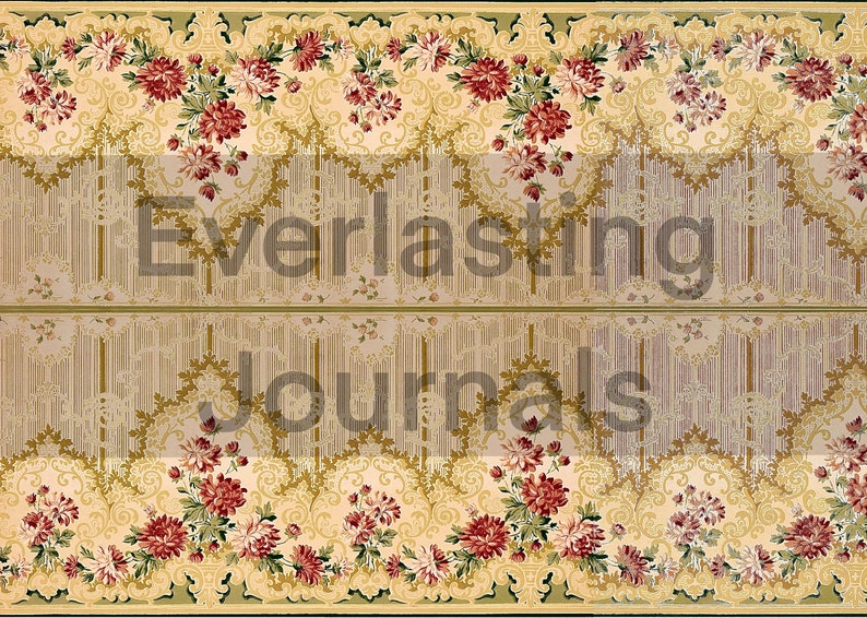 May include: A vintage wallpaper design with a repeating pattern of red and white flowers, green leaves, and gold scrollwork. The wallpaper has a light beige background and the text "Everlasting Journals" is printed in the center.