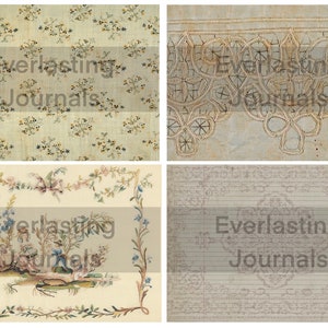K&ouml;nnte beinhalten: Eine digitale Collage aus vier Vintage-Papiertexturen. Das obere linke Bild zeigt ein zartes Blumenmuster auf cremefarbenem Hintergrund. Das obere rechte Bild zeigt ein Spitzenmuster auf cremefarbenem Hintergrund. Das untere linke Bild zeigt einen floralen Rahmen mit einer kleinen Illustration von zwei Figuren in der Mitte. Das untere rechte Bild zeigt eine linierte Papiertextur mit einem schwachen Muster.