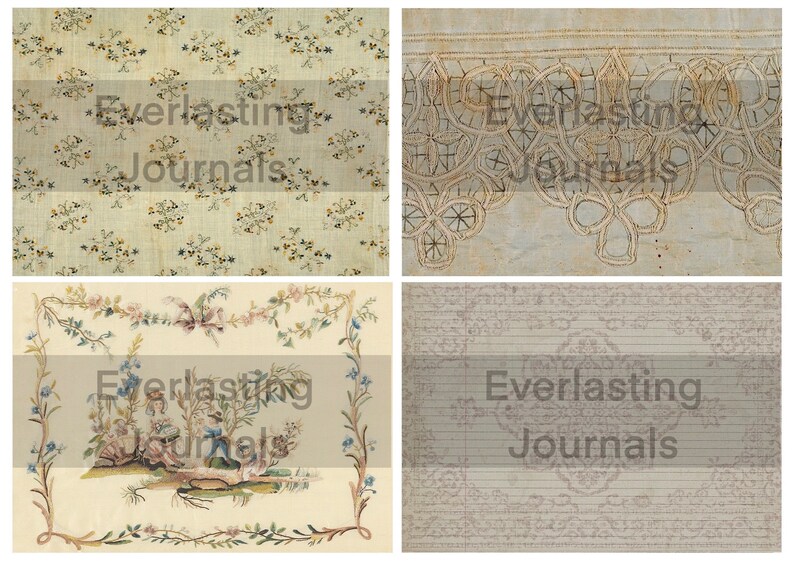 K&ouml;nnte beinhalten: Eine digitale Collage aus vier Vintage-Papiertexturen. Das obere linke Bild zeigt ein zartes Blumenmuster auf cremefarbenem Hintergrund. Das obere rechte Bild zeigt ein Spitzenmuster auf cremefarbenem Hintergrund. Das untere linke Bild zeigt einen floralen Rahmen mit einer kleinen Illustration von zwei Figuren in der Mitte. Das untere rechte Bild zeigt eine linierte Papiertextur mit einem schwachen Muster.