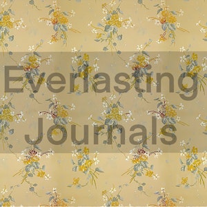 May include: A vintage wallpaper pattern with a repeating design of yellow and white flowers on a beige background. The text "Everlasting Journals" is superimposed on the image.