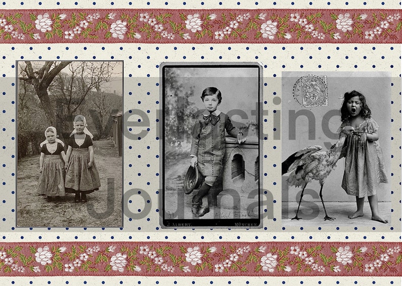 May include: A collage of four vintage photographs featuring children. The first photo shows two young girls in traditional clothing standing in a garden. The second photo shows a young boy in a suit standing on a bridge. The third photo shows a young girl in a dress holding a bird. The fourth photo shows a young girl in a dress standing next to a stork.