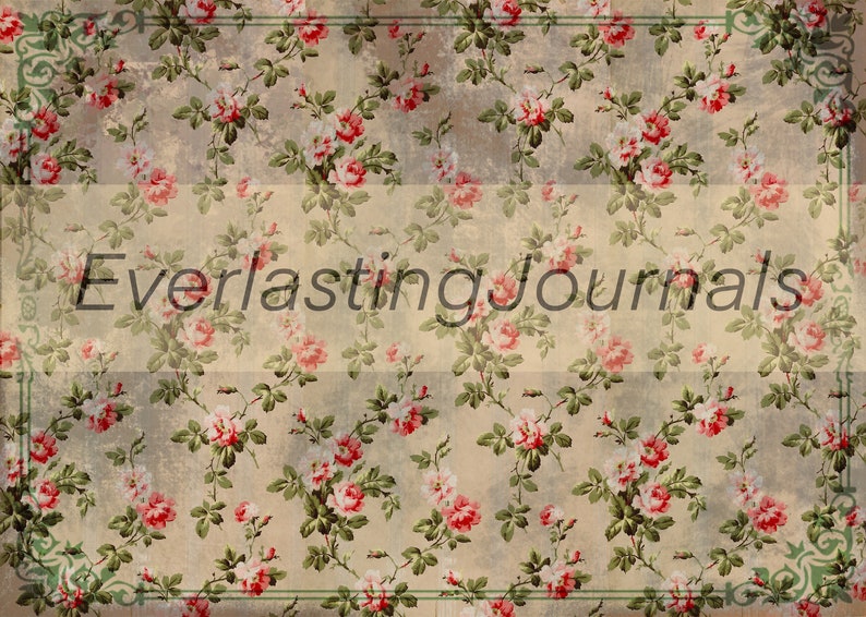 May include: A vintage floral pattern with pink and white roses on a beige background. The text "Everlasting Journals" is in the center of the image.