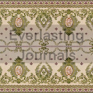 May include: A beige rug with a green and red floral pattern. The rug has a border with a repeating pattern of green leaves and red flowers. The text "Everlasting Journals" is printed in the center of the rug.