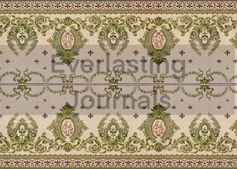 May include: A beige rug with a green and red floral pattern. The rug has a border with a repeating pattern of green leaves and red flowers. The text "Everlasting Journals" is printed in the center of the rug.