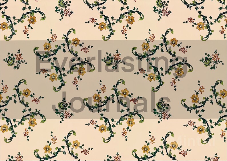 May include: A seamless pattern of yellow flowers with green leaves and red berries on a cream background. The text "Everlasting Journals" is printed in black on a light gray rectangle.