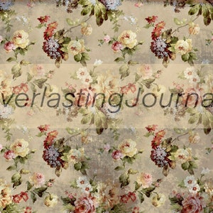 May include: A vintage floral pattern with a beige background featuring a variety of flowers in shades of pink, yellow, red, and green. The text "Everlasting Journals" is printed in the center of the image.