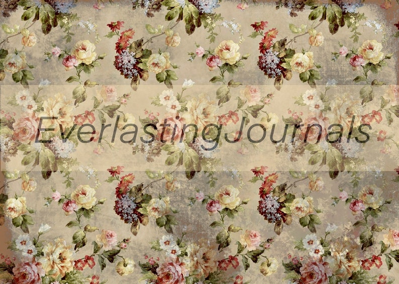 May include: A vintage floral pattern with a beige background featuring a variety of flowers in shades of pink, yellow, red, and green. The text "Everlasting Journals" is printed in the center of the image.