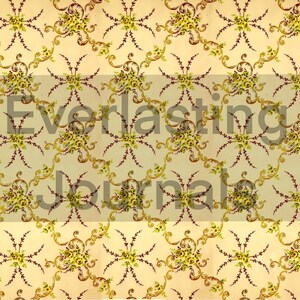 May include: A vintage-style wallpaper pattern with a repeating design of yellow flowers and gold swirls on a cream background. The text "Everlasting Journal" is superimposed on the pattern.