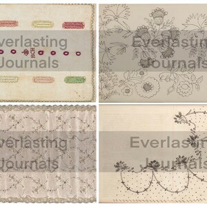 K&ouml;nnte beinhalten: Vier Vintage-Seiten aus einem Buch mit Stickmustern. Jede Seite zeigt ein anderes Design, darunter florale Motive, einen gewellten Rand und ein sich wiederholendes Muster aus Punkten. Die Seiten sind mit "Everlasting Journals" beschriftet.