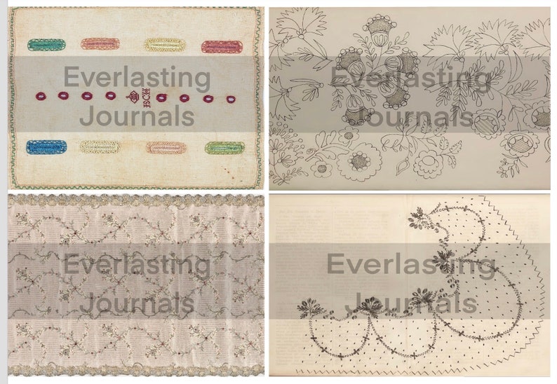 K&ouml;nnte beinhalten: Vier Vintage-Seiten aus einem Buch mit Stickmustern. Jede Seite zeigt ein anderes Design, darunter florale Motive, einen gewellten Rand und ein sich wiederholendes Muster aus Punkten. Die Seiten sind mit "Everlasting Journals" beschriftet.