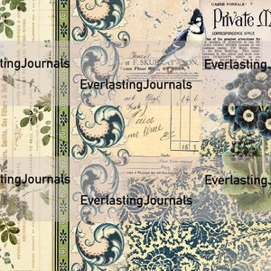 Könnte beinhalten: Eine Vintage-Collage mit einem Blauvogel, floralen Illustrationen und einer handschriftlichen Quittung mit dem Text "Just a nice me time". Die Collage ist von einem grünen und weißen floralen Rand und einem blauen und weißen floralen Rand umrahmt. Der Text "Everlasting Journals" erscheint mehrmals in der Collage.