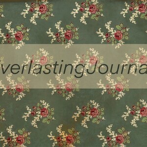 May include: A green background with a repeating pattern of white flowers and red roses. The text "Everlasting Journals" is centered in the middle of the image.