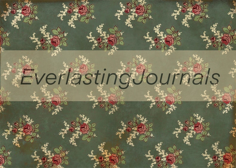 May include: A green background with a repeating pattern of white flowers and red roses. The text "Everlasting Journals" is centered in the middle of the image.