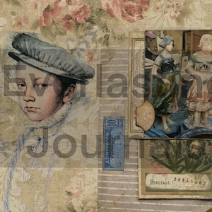 May include: A vintage collage featuring a portrait of a young boy wearing a blue cap, a ticket for admission to a 1923 exhibition, and a floral illustration with the text "Bordeaux 36841082".
