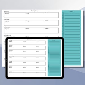 Könnte beinhalten: Ein digitaler Tablet-PC und ein gedrucktes Blatt mit einem Menüplaner und einer Einkaufsliste. Der Tablet-PC zeigt den Planer mit Abschnitten für jeden Wochentag, einschließlich Morgen-, Mittags- und Abendessenplanung.