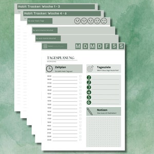 May include: A stack of green and white habit tracker and daily planner sheets. The top sheet reads "Habit Tracker: Week 1-3" and "Habit Tracker: Week 4-6". The daily planner includes sections for time, goals, and notes.