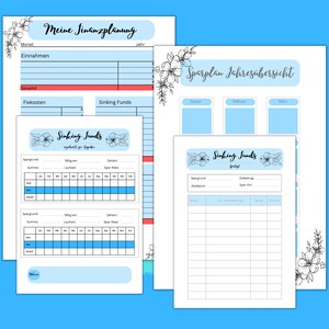 Puede incluir: Un conjunto de páginas imprimibles de planificación financiera. Las páginas presentan diseños en azul claro y blanco con detalles florales. El texto incluye "Meine Finanzplanung", "Sinking Funds" y "Sparplan Jahresübersicht".