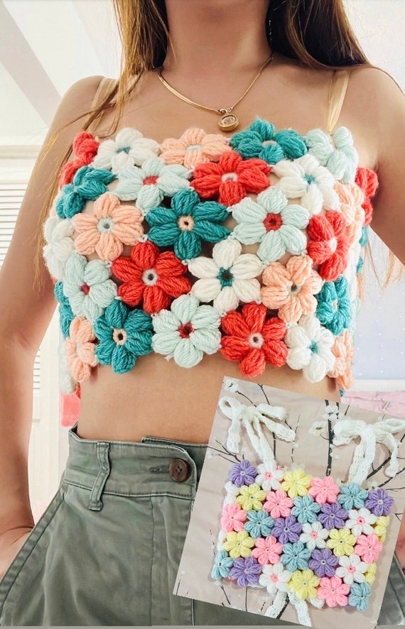 Flower Top Crochet Handmade, Puff Flower Croptop, Custom Handmade